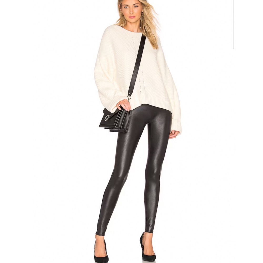 Spanx Women Large Faux Leather‎ Leggings Black High Rise Textured Pebbled